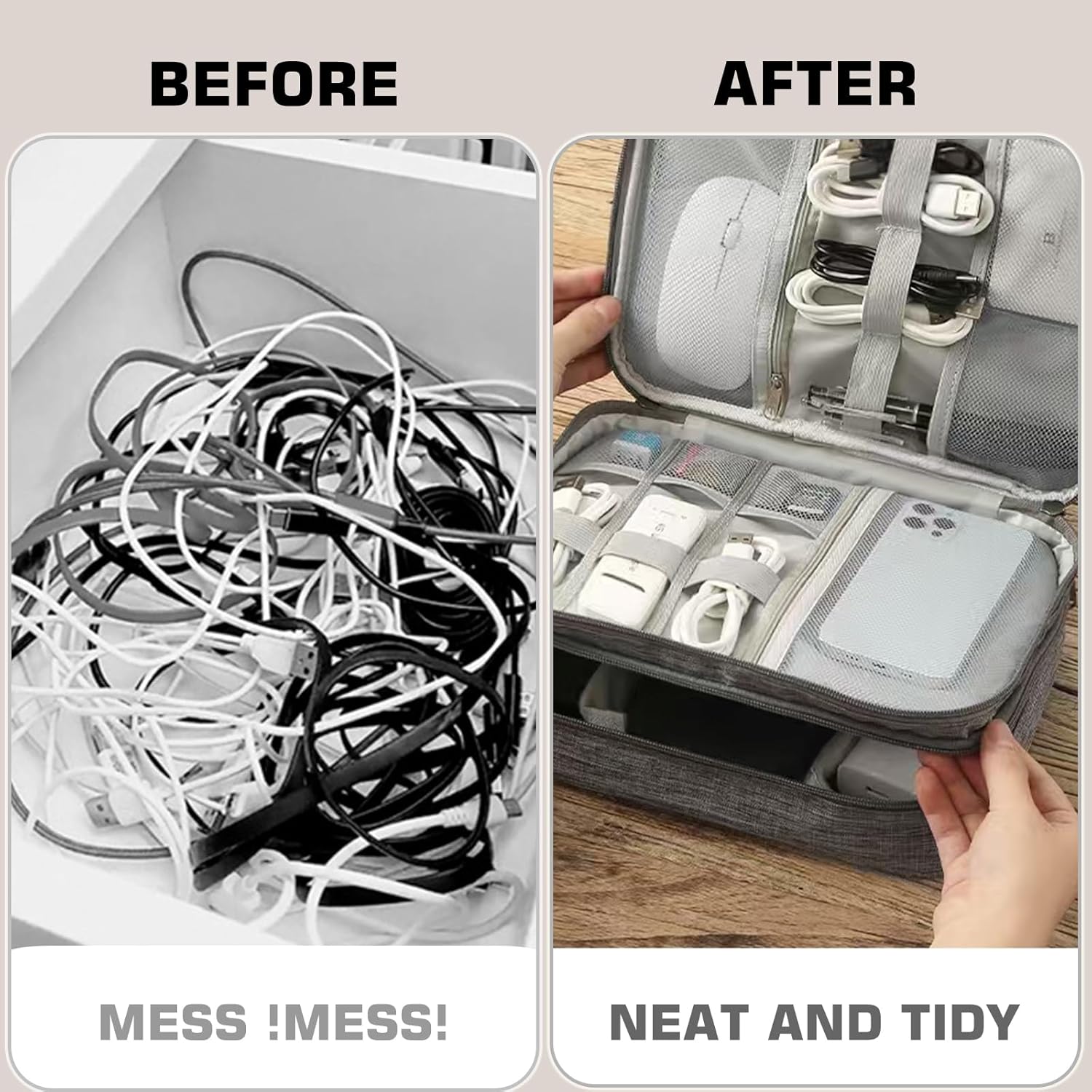 2 Layer Electronic Organizer,Cable Travel Organizer Bag, Electronic Accessories Travel Case For Adapter Plugs,Cable, Gadgets, Cord, Charger, Phone, Earphone, Large (Grey) - Image 5