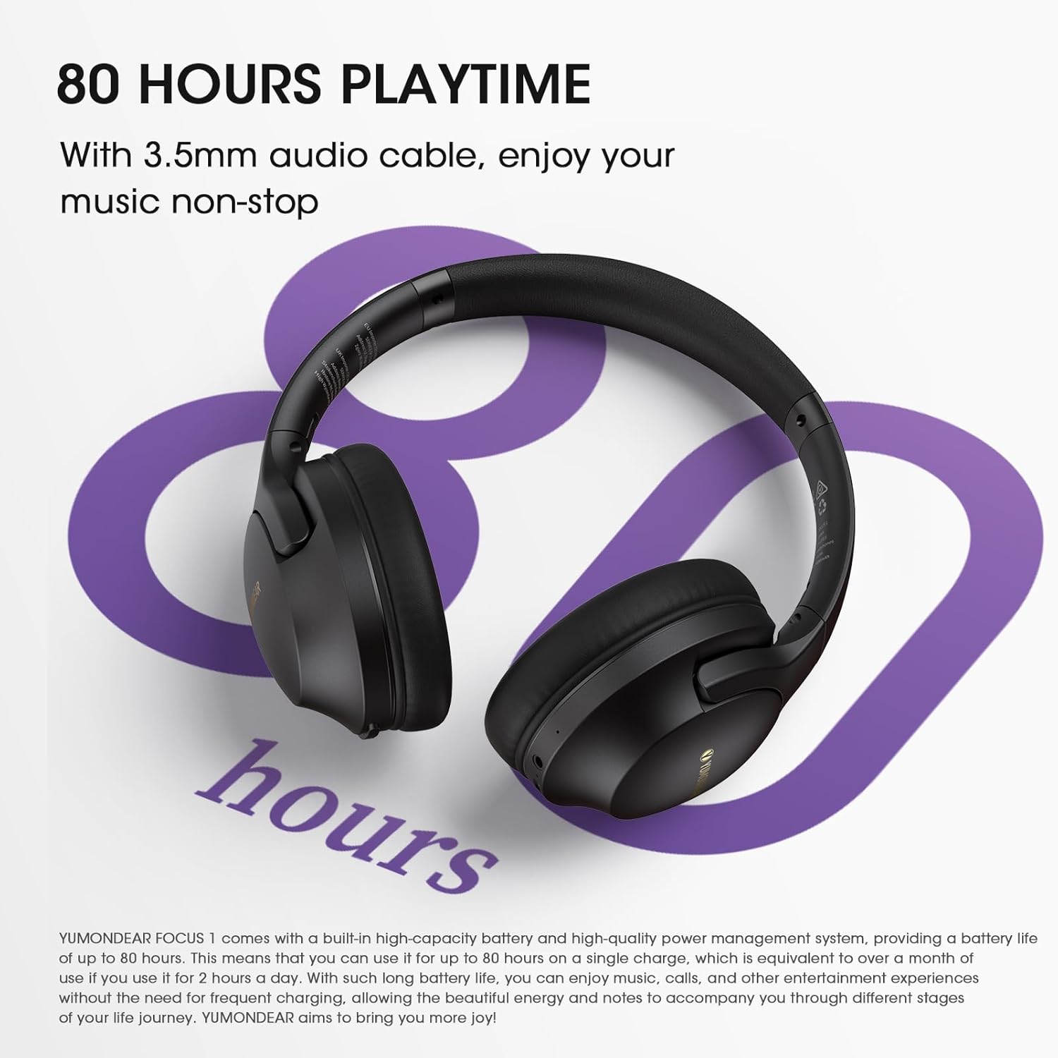 Over Ear Headphones Wireless 80H Playtime, Bluetooth Headphones Over Ear with 3 EQ Modes, Built-in ENC Mic, Deep Bass, HiFi Stereo Foldable 5.4 Bluetooth Headset for Phone PC Travel Workout Office - Image 3