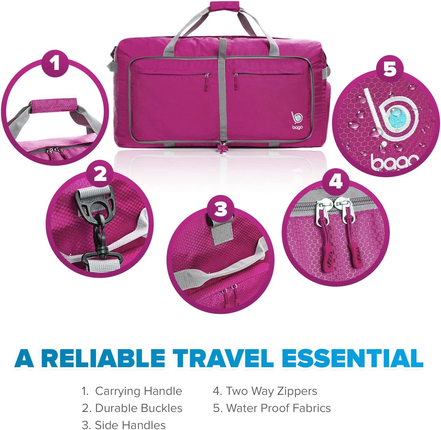 Bago Foldable Duffel Bags for Traveling Women & Men - 60L Medium Packable Duffle Bag for Travel with Shoe Compartment - Water Repellant, Heavy Duty, Lightweight Folding & Collapsible (Pink) - Image 8