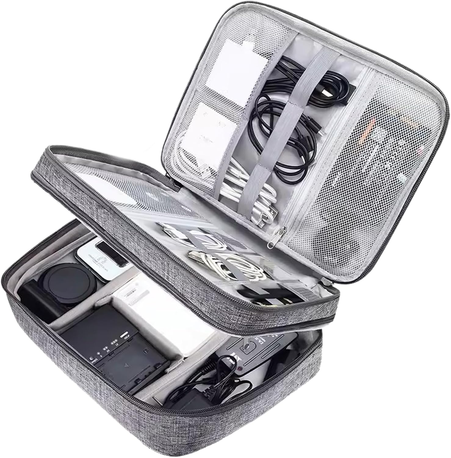 2 Layer Electronic Organizer,Cable Travel Organizer Bag, Electronic Accessories Travel Case For Adapter Plugs,Cable, Gadgets, Cord, Charger, Phone, Earphone, Large (Grey) - Image 2