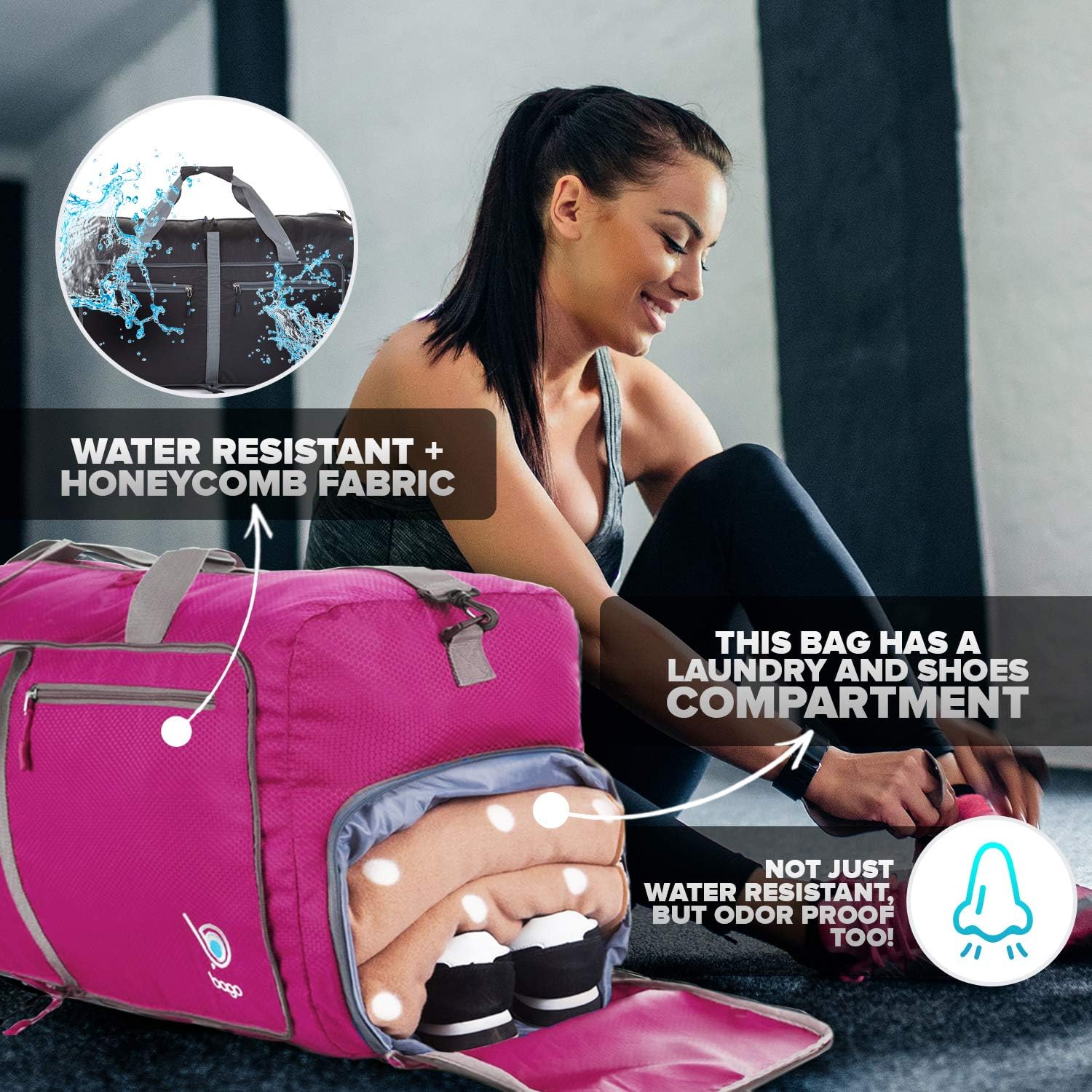 Bago Foldable Duffel Bags for Traveling Women & Men - 60L Medium Packable Duffle Bag for Travel with Shoe Compartment - Water Repellant, Heavy Duty, Lightweight Folding & Collapsible (Pink) - Image 4