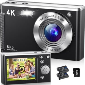 4K Digital Camera,Autofocus 50MP UHD Vlogging Camera for YouTube,Compact with 16X Digital Zoom Anti-Shake,Travel with 32GB Card, 2 Batteries for Beginners and Teens
