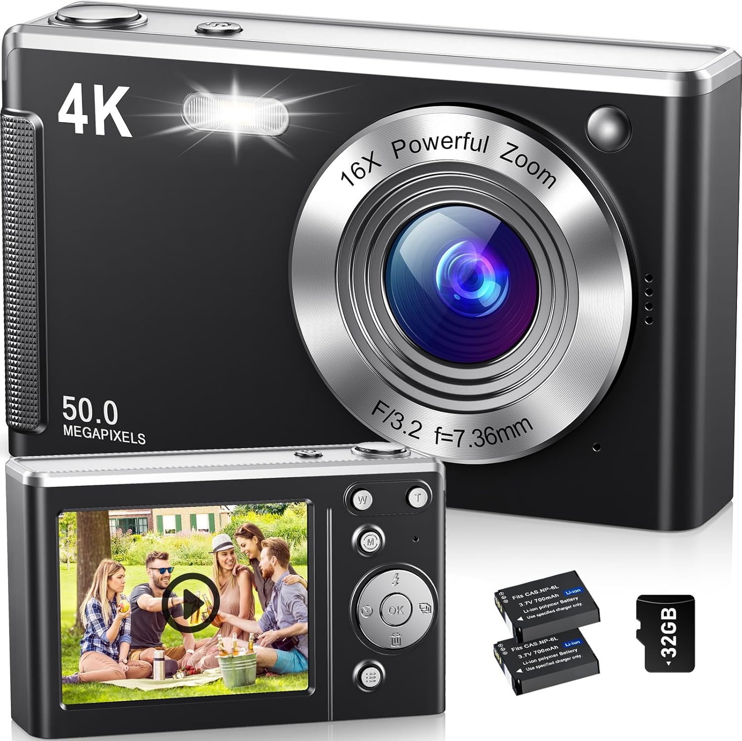 4K Digital Camera,Autofocus 50MP UHD Vlogging Camera for YouTube,Compact with 16X Digital Zoom Anti-Shake,Travel with 32GB Card, 2 Batteries for Beginners and Teens